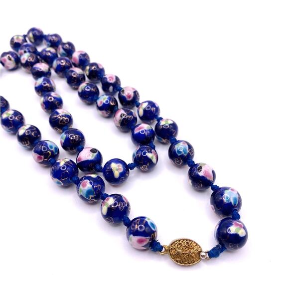 Chinese Cloisonné Cobalt Blue Flower Beaded Necklace 1940s - Picture 5 of 8